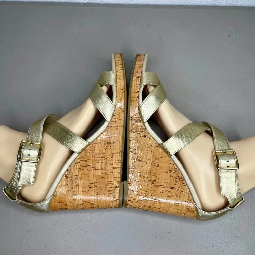 Cole Haan Womens Jullian Metallic Gold Open Toe Platform Wedge Sandal Size 10B‎